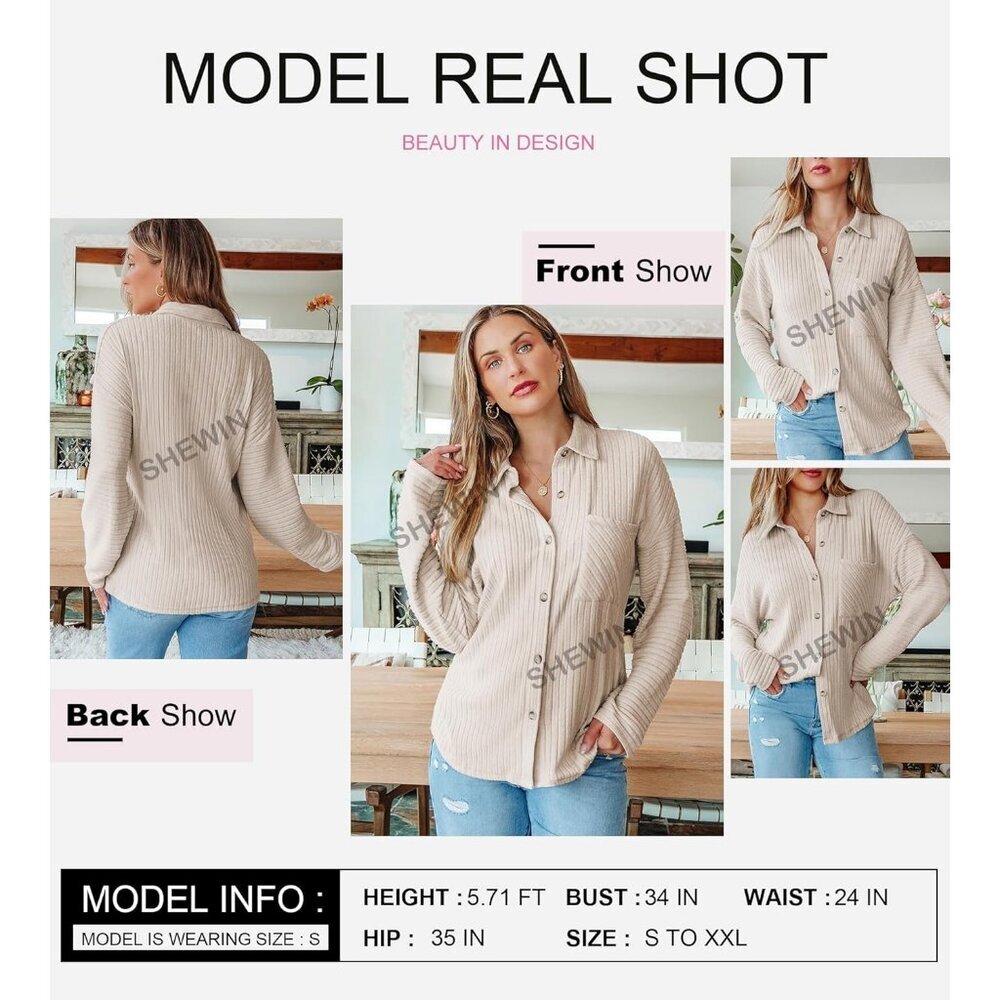 Women's Long Sleeve Beige Button Down Jacket Shirts Loose Sweater Blouses Tops - Picture 7 of 9